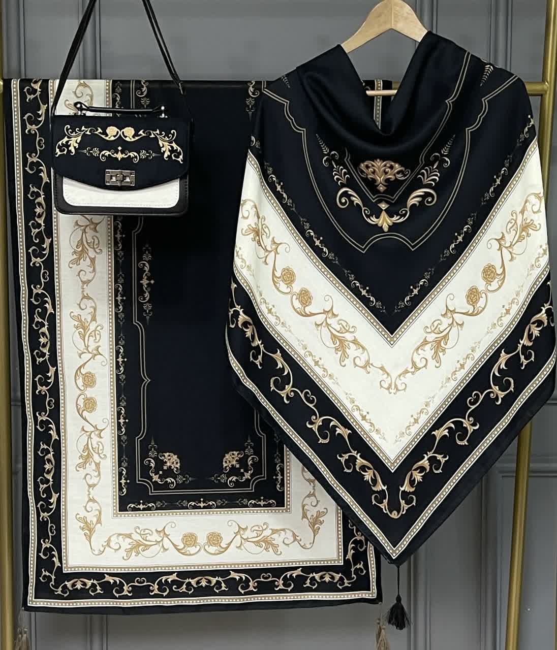 ست کیف و روسری فرفورژه سلینا مشکی کرم (B2)