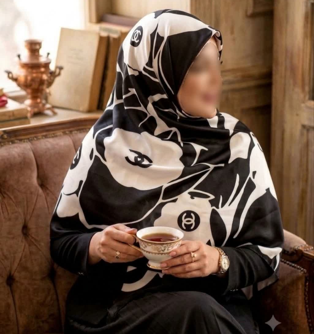 روسری ابریشم کجراه توییل مشکی سفید طرح گل شنل قواره ۱۳۵