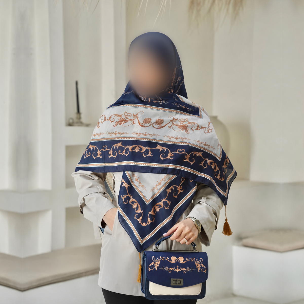 ست کیف و روسری فرفورژه سلینا سورمه‌ای سیااسکارف (B2)