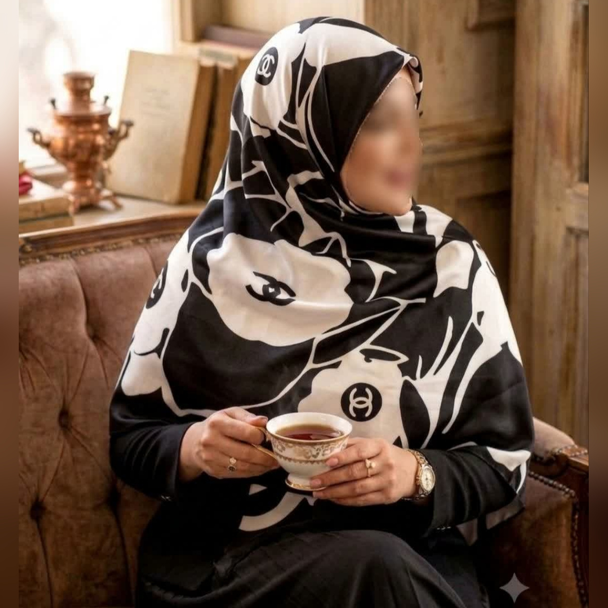 روسری ابریشم کجراه توییل مشکی سفید طرح گل شنل قواره ۱۳۵