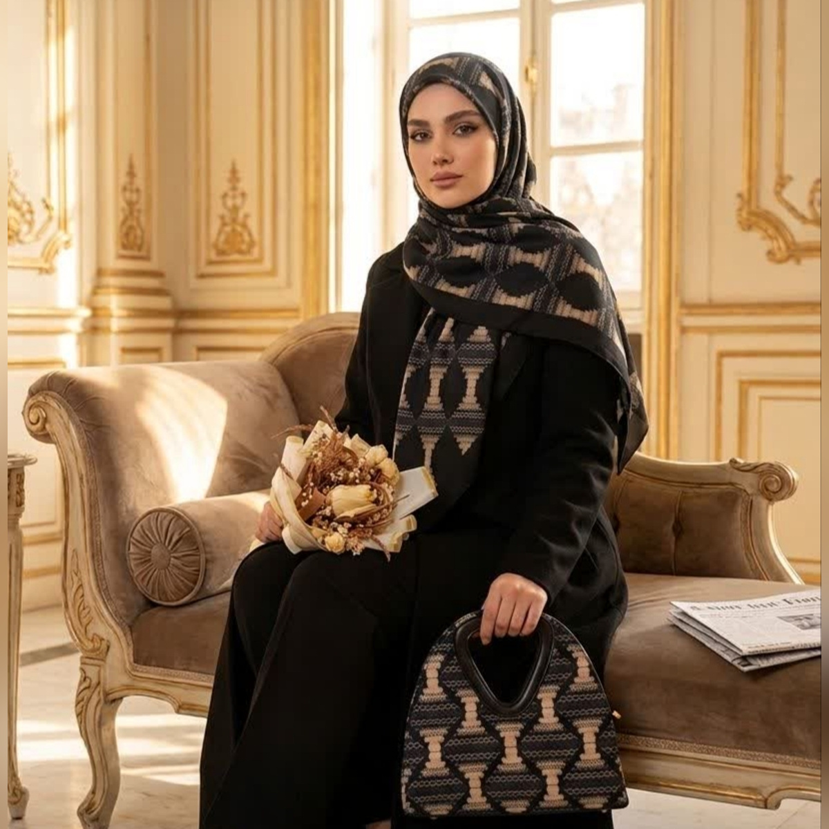 روسری و کیف ست طرح عمارت مثلثی قواره ۱۲۰ (ابریشم توییل)