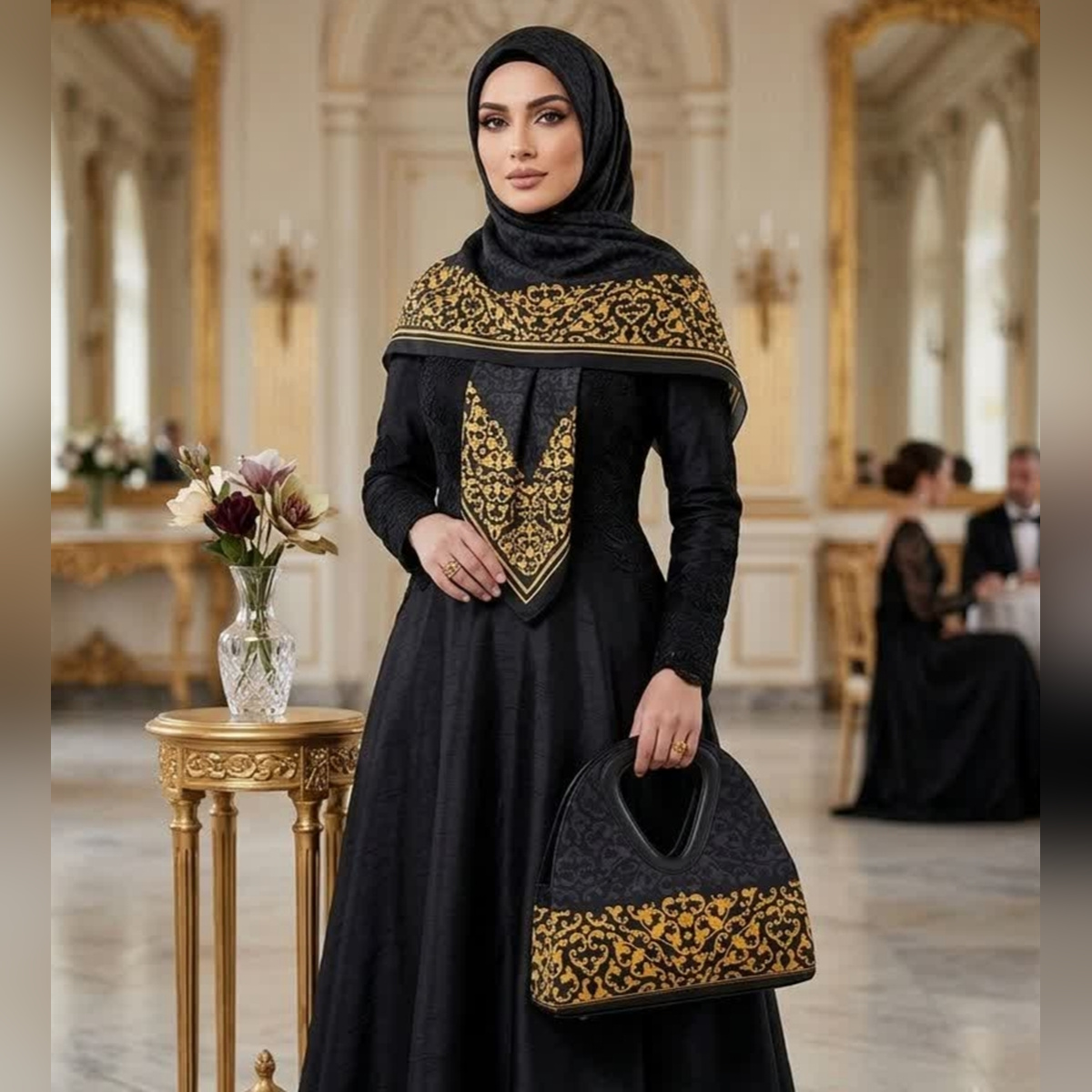 روسری و کیف ست طرح کرانه طلایی مثلثی(ابریشم توییل)