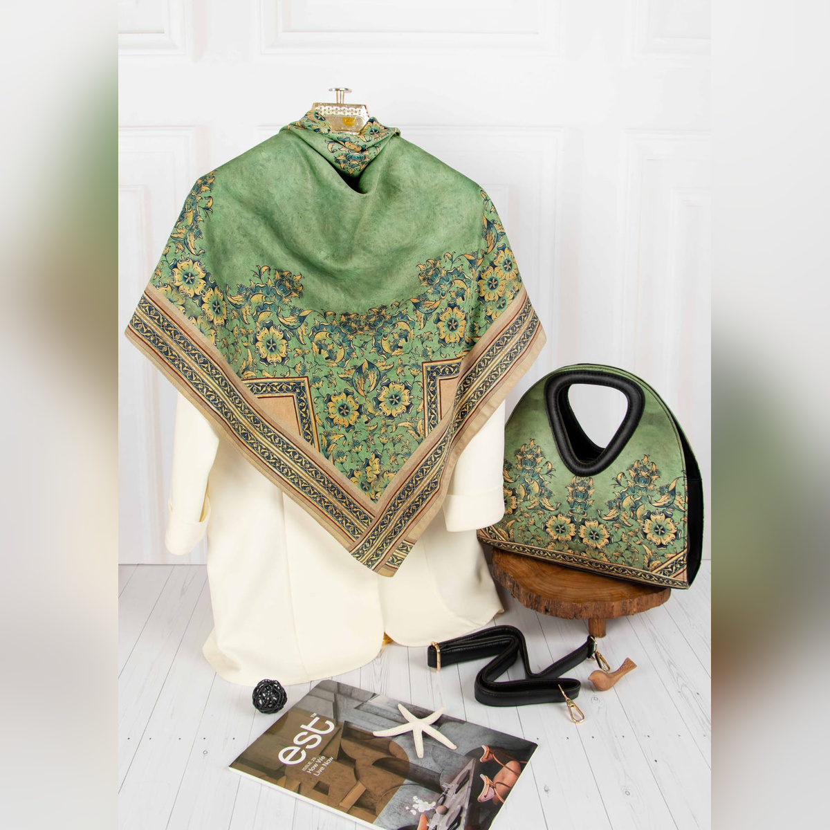 روسری و کیف ست طرح سبزینه مثلثی (ابریشم توییل)