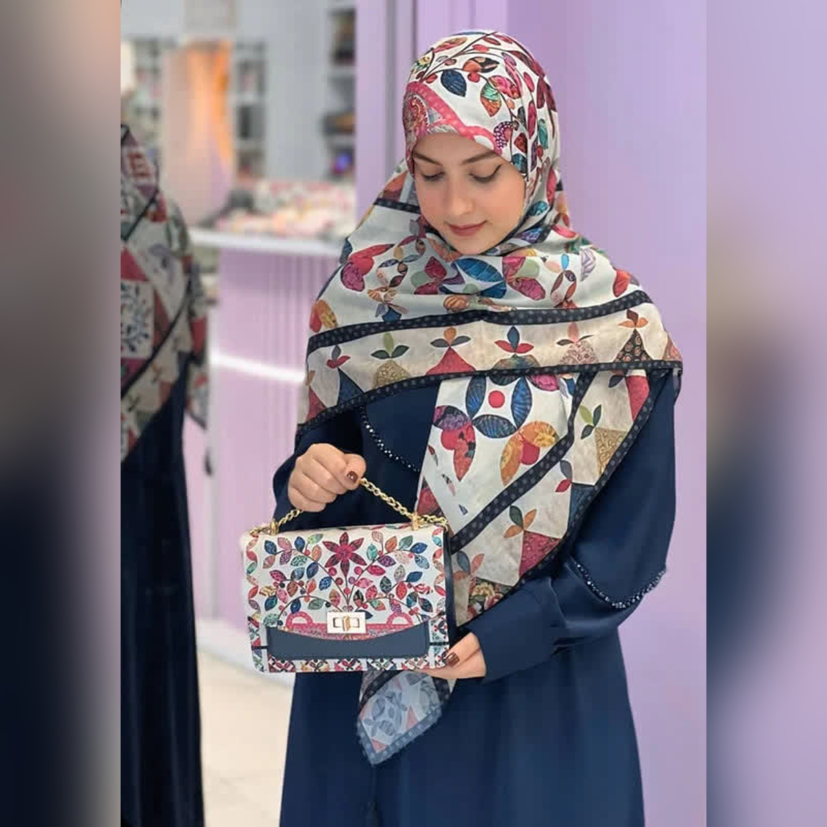 ست کیف و روسری نخی قواره ۱۳۰ مدل گلنار B2
