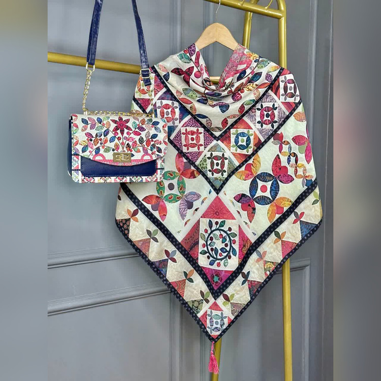 ست کیف و روسری نخی قواره ۱۳۰ مدل گلنار B2