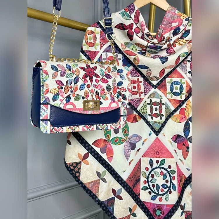 ست کیف و روسری نخی قواره ۱۳۰ مدل گلنار B2