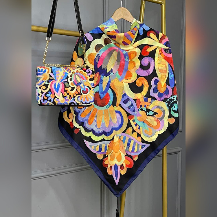 ست کیف و روسری گل آبرنگی مشکی (B2)