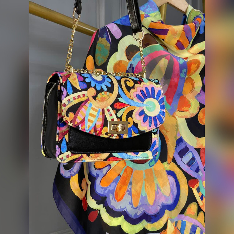 ست کیف و روسری گل آبرنگی مشکی (B2)