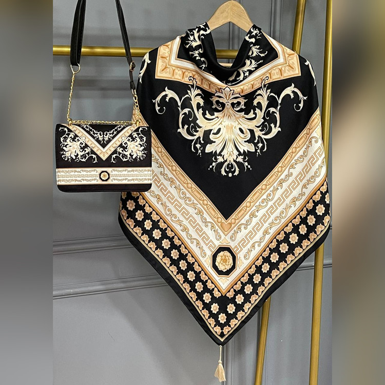 ست کیف و روسری سورنا سیااسکارف مشکی طلایی (B2)