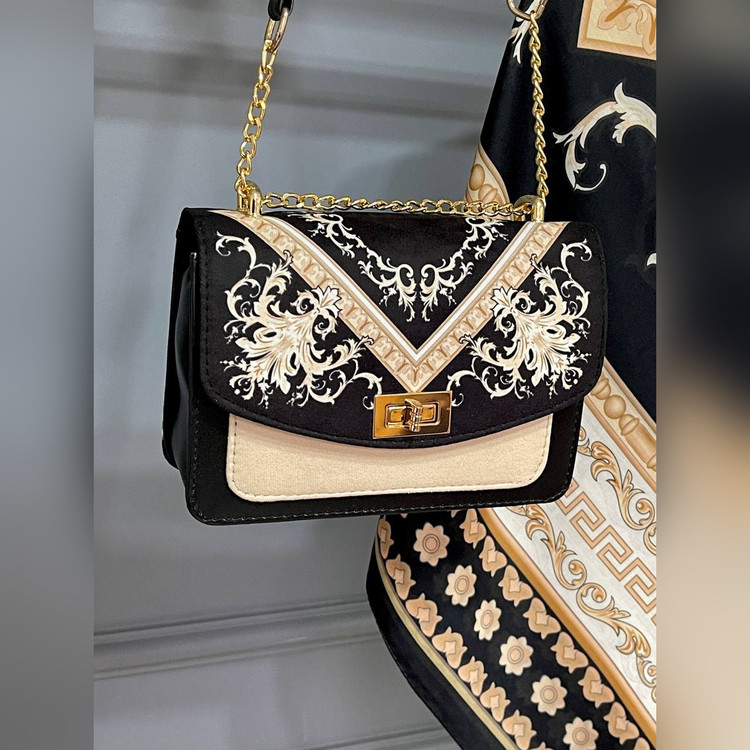 ست کیف و روسری سورنا سیااسکارف مشکی طلایی (B2)