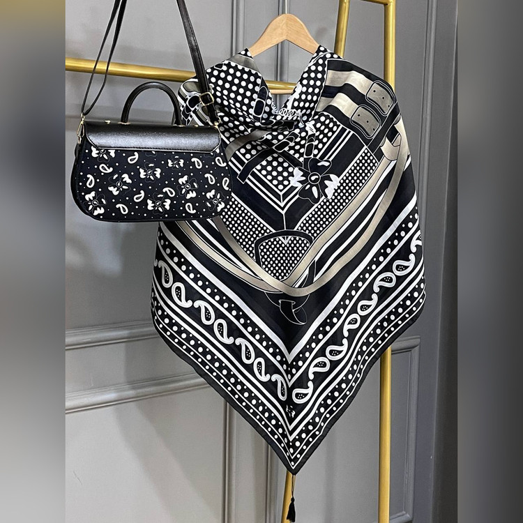 روسری و کیف ست طرح ترمه کمربندی مشکی (A3)