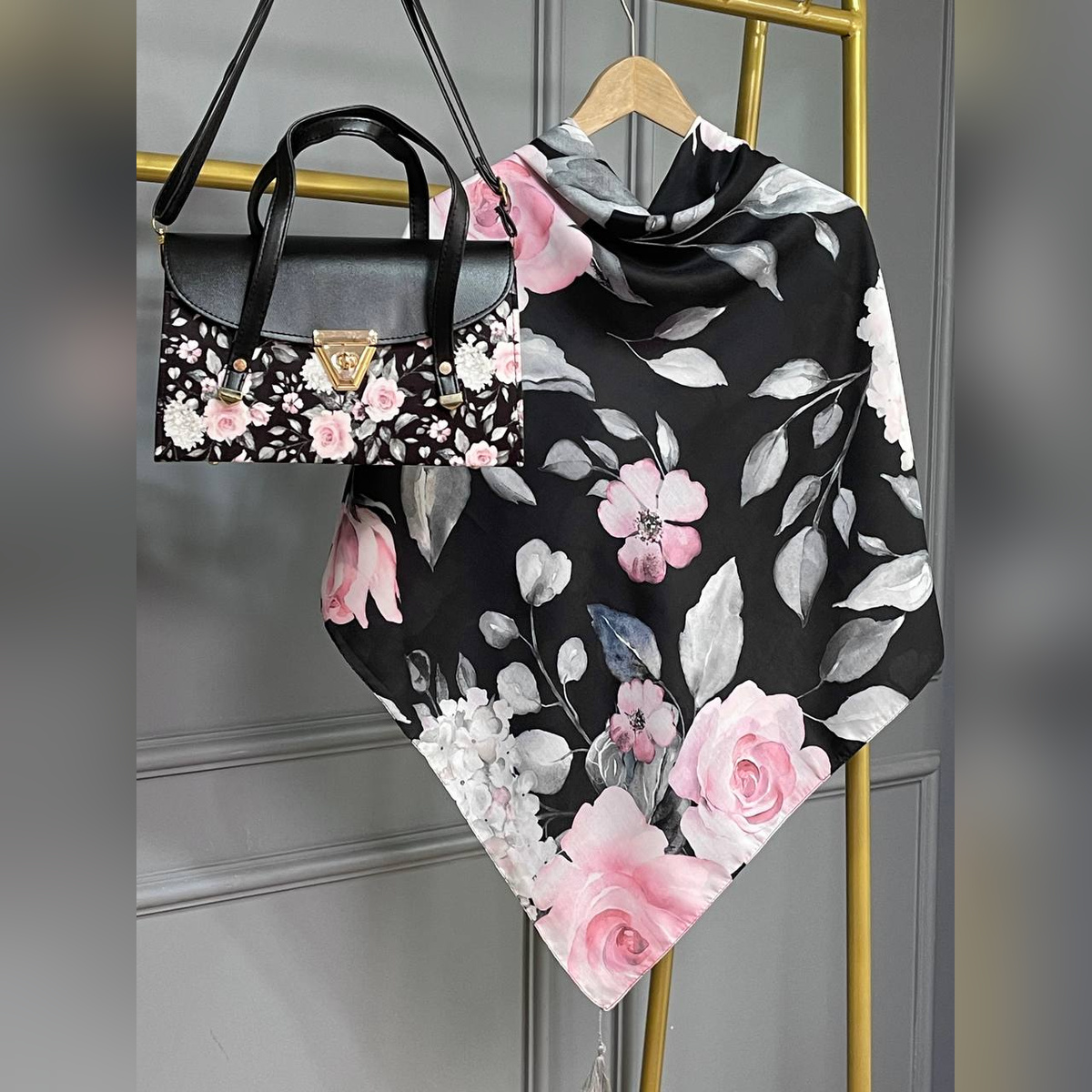 ست کیف و روسری رزا سیااسکارف مشکی (B3)