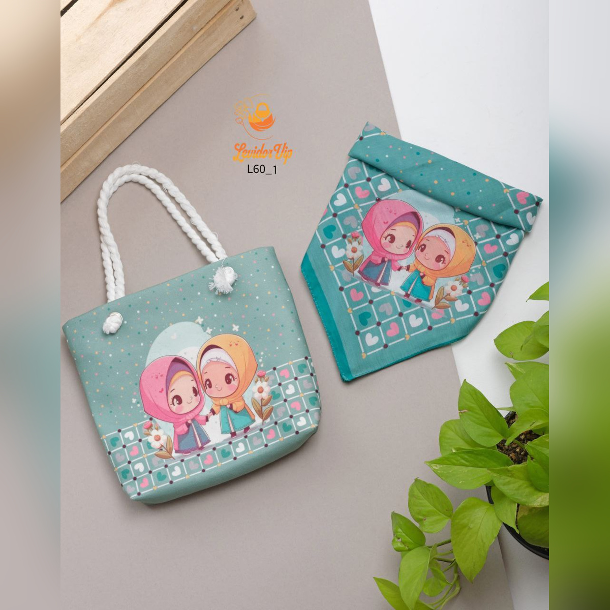 ست کیف و روسری بچگانه طرح دوستی سبز