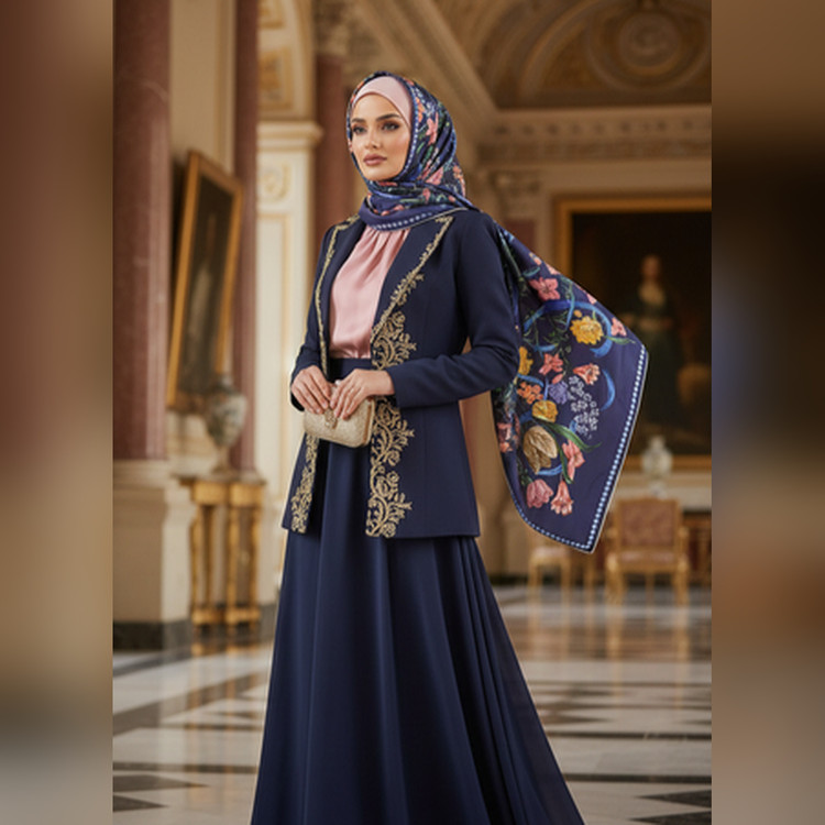 روسری ابریشم توییل فلاور دیور سورمه ای قواره ۱۳۰