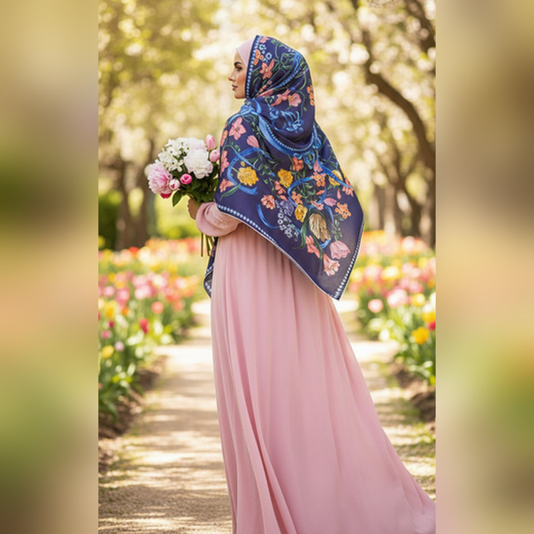 روسری ابریشم توییل فلاور دیور سورمه ای قواره ۱۳۰