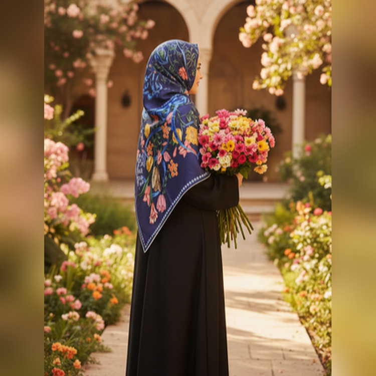 روسری ابریشم توییل فلاور دیور سورمه ای قواره ۱۳۰