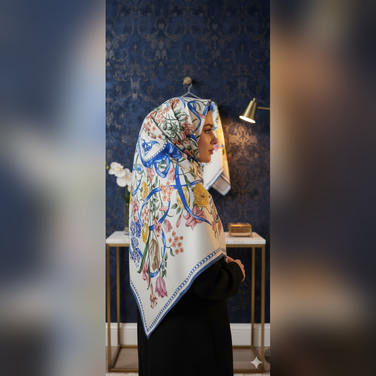 روسری ابریشم توییل فلاور دیور آبی قواره ۱۳۰