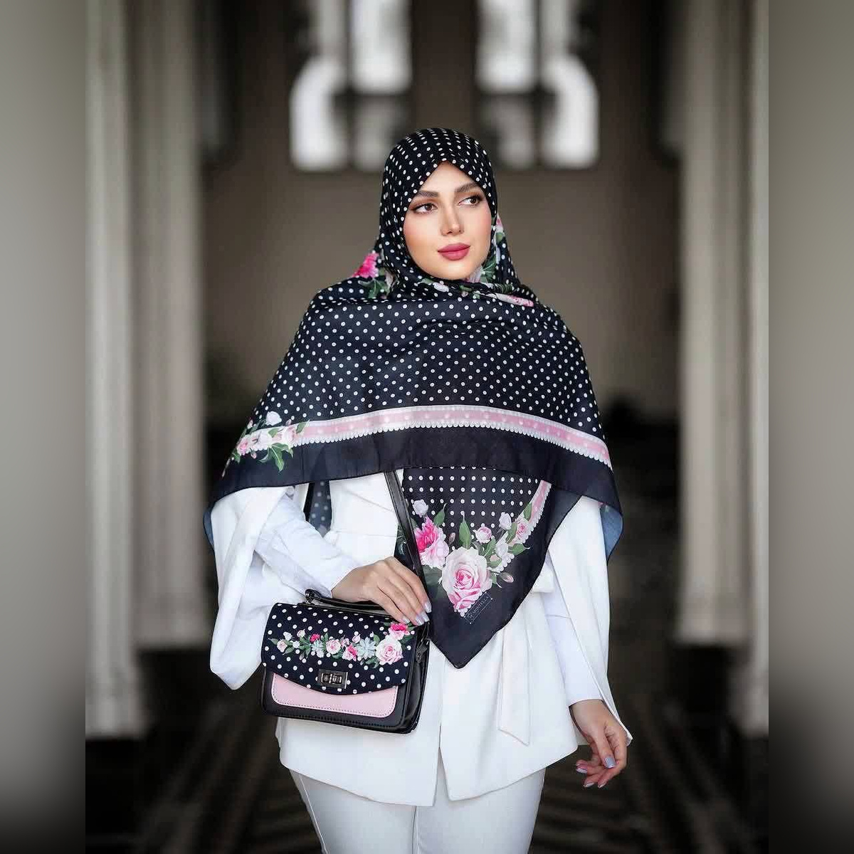 ست کیف و روسری گل توپی مشکی (B2)