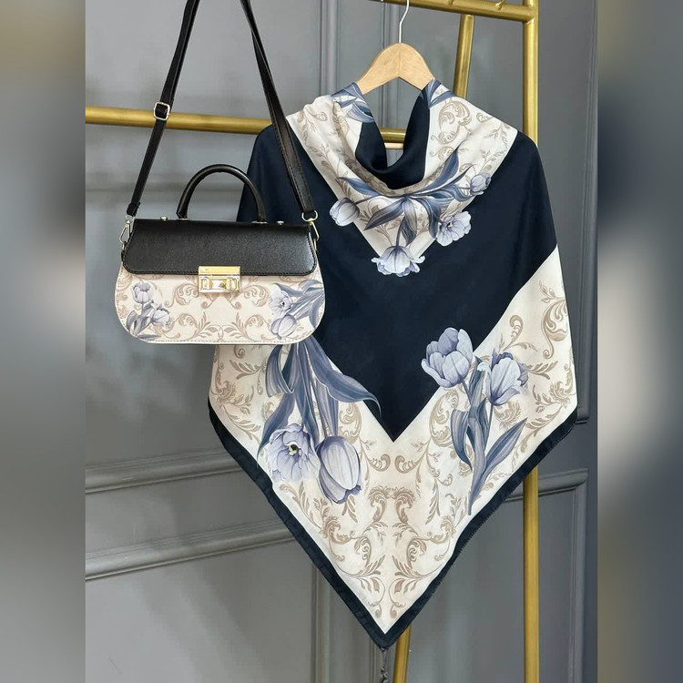 ست کیف و روسری گل لاله رنگ مشکی طوسی (A3)