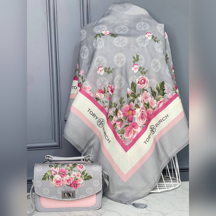 ست کیف و روسری طوسی صورتی گلدار طرح توری بورچ (B2)