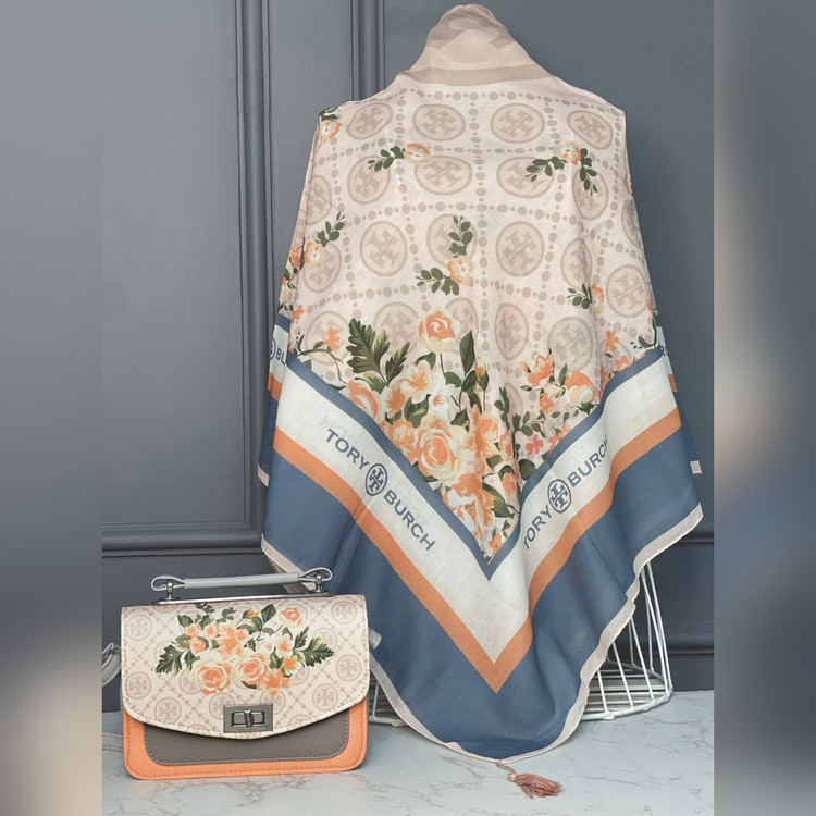 ست کیف و روسری طوسی نارنجی گلدار طرح توری بورچ (B2)