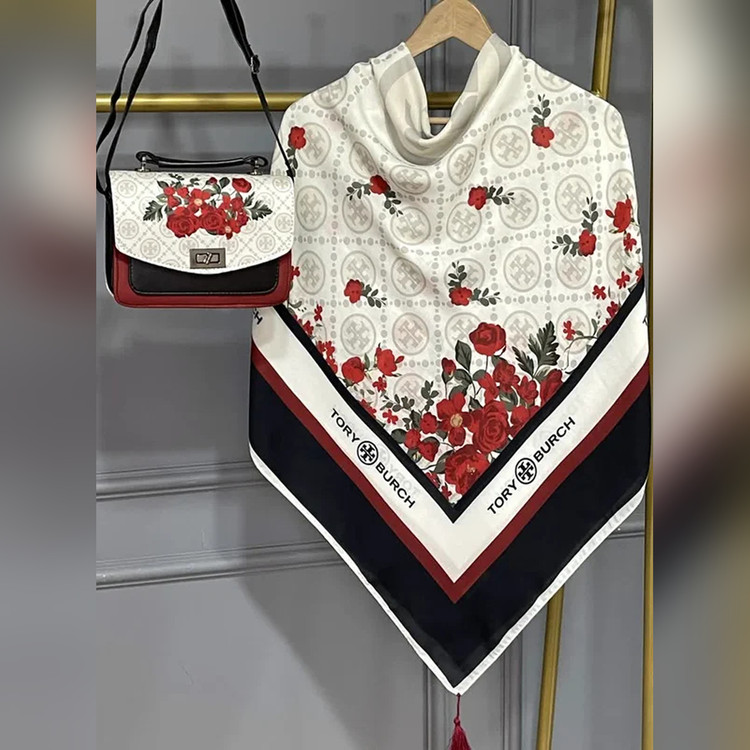 ست کیف و روسری زرشکی گلدار طرح توری بورچ (B2)