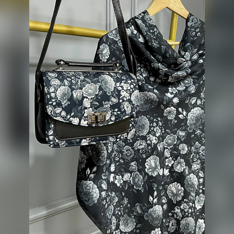 ست کیف و روسری گل طوسی سنتی (B2)