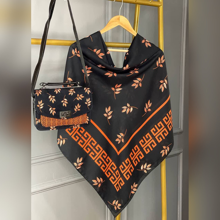 ست کیف و روسری برگ جیوانچی مشکی نارنجی (B2)