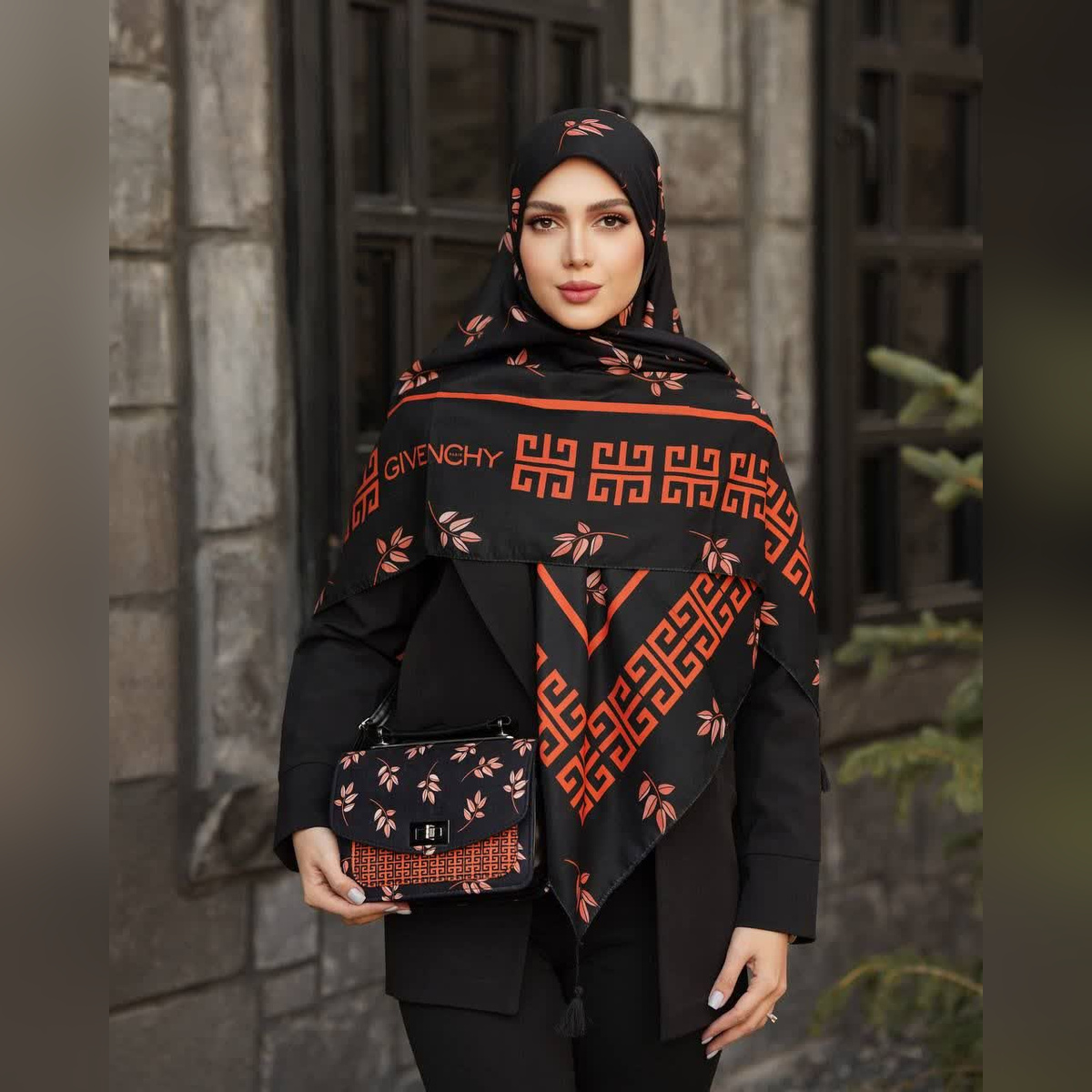 ست کیف و روسری برگ جیوانچی مشکی نارنجی (B2)