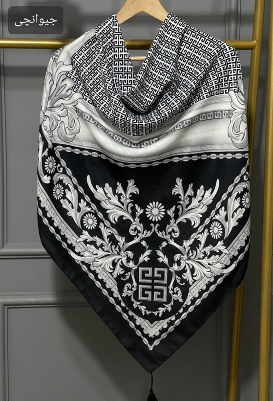 ست کیف و روسری نخی قواره ۱۳۰ مدل برند روشا مشکی طوسی B3 در 6 طرح