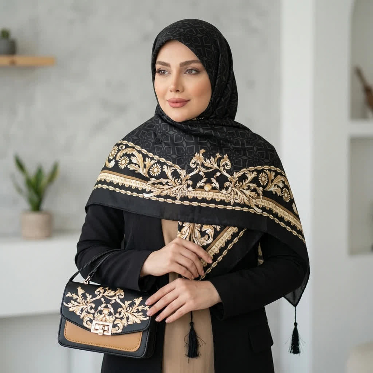 ست کیف و روسری نخی قواره ۱۳۰ مدل روشا B2 در 3 رنگ