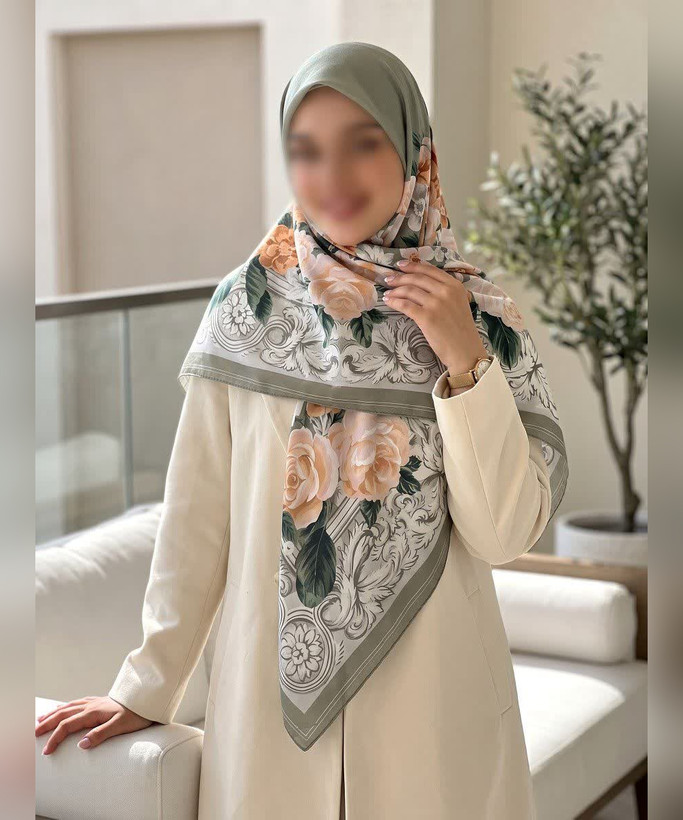 روسری حریر ابریشم گلدار حاشیهدار قواره ۱۲۰